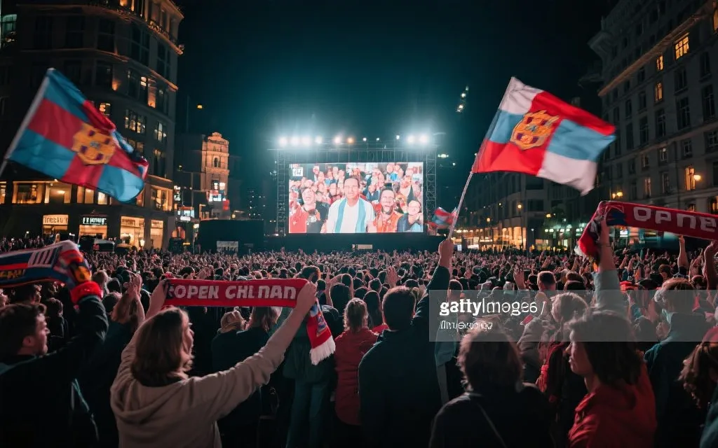 开幕当天城市广场大屏观赛，人群挥舞旗帜与围巾，灯光与烟花般的氛围